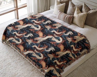 Woven Dragon Blanket: Luxurious Medieval Tapestry for Cozy Whimsigoth Decor