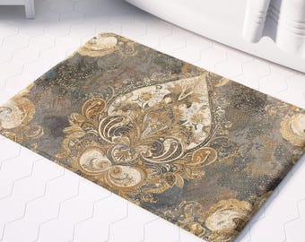 Bath Mat, Victorian Gold Paisley Design, Washable Non-Slip Rug