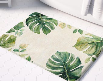 Tropical Bath Mat, Monstera Leaf Design, Botanical Green Area Rug, Boho Bathroom Decor, Non-Slip Accessory Set