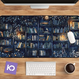 Dark Academia Mousepad, Gothic Bookshelf Design, Celestial Floral Deskmat, Cozy Aesthetic Home Office Accessory