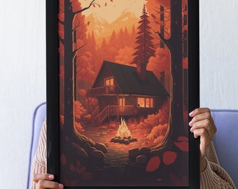 Lofi Anime Cabin Poster: Autumn Campfire Scene
