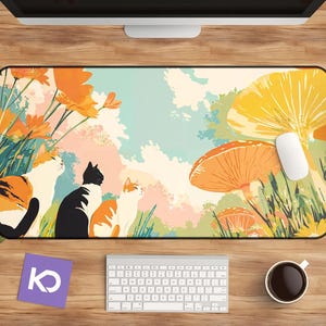 Kawaii Cat Desk Mat, Large Mouse Pad with Colorful Floral Design, Cute LoFi Aesthetic, Gift for Cat Lovers