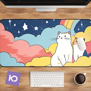 Kawaii Cat Desk Mat, Cute Rainbow Clouds Mousepad, Colorful Aesthetic Desk Decor, Cat Lover Gift, Large Mouse Pad