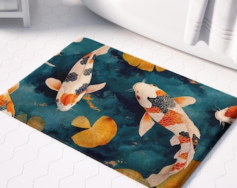 Koi Fish Bath Mat, Plush Non-Slip Bathroom Rug, Spa Style Asian Decor