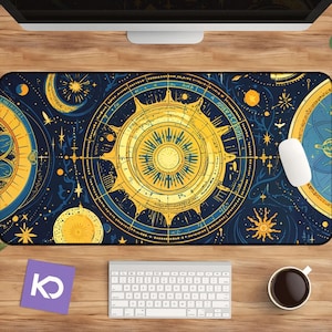 Alfombrilla de escritorio celestial, mapa estelar astrológico, decoración de fases lunares místicas, alfombrilla de ratón Dark Academia, alfombrilla de juego bohemia extendida