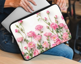 Floral Laptop Sleeve - Chic Pink Rose Design, Perfect Gift for Her, Fits Macbook & Tablets