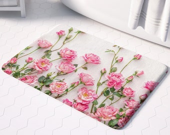 Tapis de bain floral rose, décoration shabby chic élégante pour une salle de bain élégante, charmant tapis rose