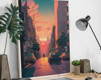 May include: A digital painting depicting a city street at sunset. Tall buildings line the street, with cars parked on either side. A solitary figure walks down the centre of the street, towards the setting sun.