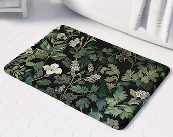 Floral Bath Mat | Luxurious Memory Foam Bathroom Rug, Non-Slip & Soft for Home Spa Decor, Botanical Green and Black