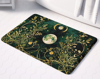 Art Nouveau Bath Mat: Dark Moon Phases and Gold Leaves - Witchy Decor