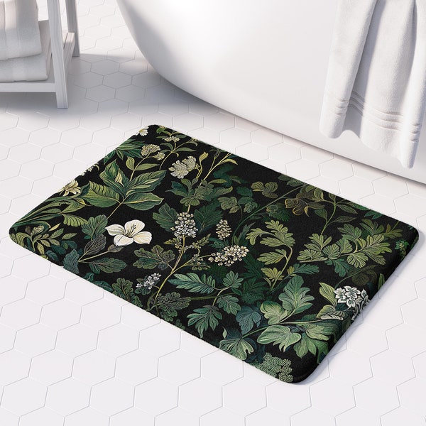 Bath Mat, Floral Botanical Memory Foam, Non-Slip Green Black Bathroom Rug