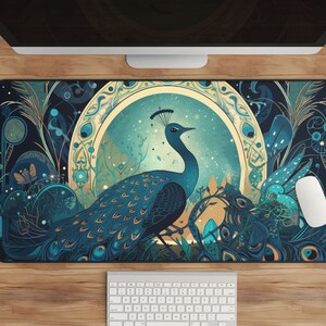 Peacock Desk Mat, Celestial Desk Pad, Cosmic Night, Night Sky Desk Mat, Large Elegant Mousepad, Office Decor, Celestial Design, Starry Mat