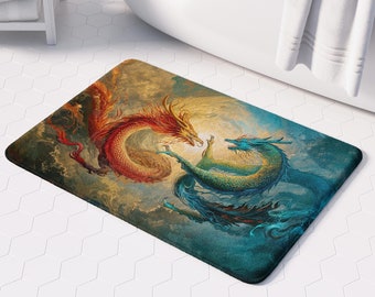 Dragon Bath Mat, Plush Memory Foam, Mythical Fire & Water Design (24" or 34")