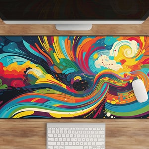 Colorful Desk Mat with Abstract Wave Design | Trendy Office Decor | Perfect Gift for Coworkers & Friends | Large Mouse Pad