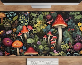 Mushroom Floral Desk Mat: Dark Cottagecore Botanical Mouse Pad