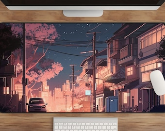 XL Lofi Anime Desk Mat: Tokyo Sakura Night Cityscape Gaming Mousepad