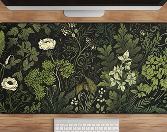 Botanical Art Nouveau Desk Mat - Sage Green Floral and Plant Detailed Design - Ideal Cute Office Decor & Extended Keyboard Mat