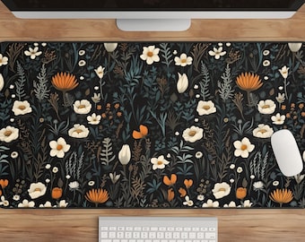 Dark Cottagecore Floral Desk Mat: Atmospheric Botanical Design in Green & Orange, XL Mouse Pad for Vintage or Mid-Century Modern Desks