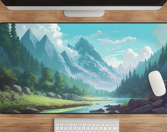 Mountain River Desk Mat: Teal Nature Office Decor
