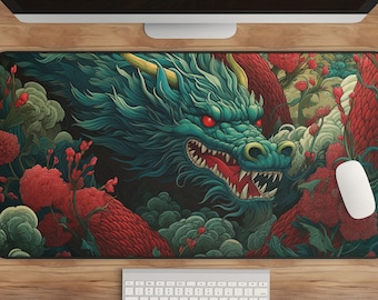 Asian Art Dragon Desk Mat - Large Floral Gaming Mousepad