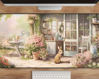 Cottagecore Rabbit Desk Mat: Whimsical Home Office Decor