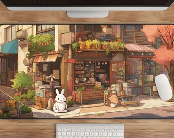 Anime Rabbit Desk Mat: Kawaii Street Scene Mousepad