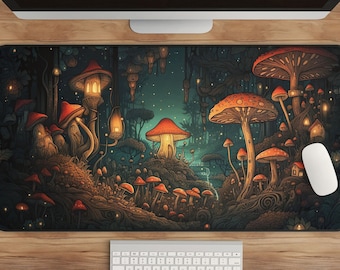 Dark Cottagecore & Witchy Desk Mat - Mushroom Forest, Extended Mousepad, Aesthetic Night Scenery, Gaming, High-Quality Fantasy Mouse Pad