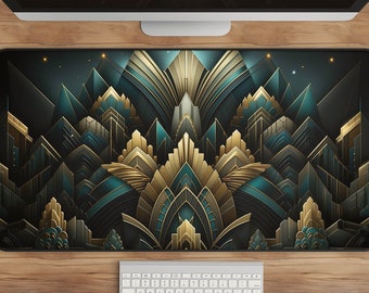 Art Deco Desk Mat: Gold & Emerald Abstract Extended Mousepad