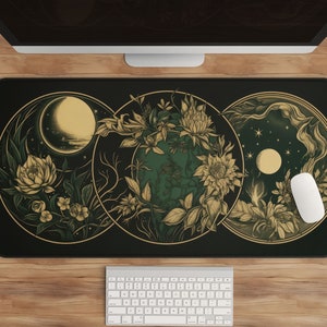 Celestial Desk Mat - Moon Phases, Art Nouveau Witch Aesthetic, Green Dark Academia, Cottagecore Mousepad, XXL Gaming, Extended Cute Desk Mat