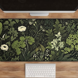 Botanical Art Nouveau Desk Mat - Sage Green Floral and Plant Detailed Design - Ideal Cute Office Decor & Extended Keyboard Mat