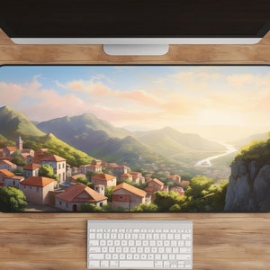 Anime Mountain Village Desk Mat - Large Mousepad, Aesthetic Nature Scene, Gaming Setup, Subtle Anime Merch, Spring Morning Decor