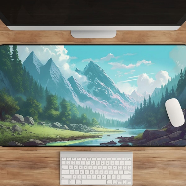 Mountain River Desk Mat: Teal Nature Office Decor