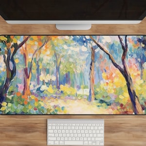 May include: A colorful abstract painting of a forest scene with a path leading through the trees. The painting is done in a style reminiscent of impressionism, with bold brushstrokes and vibrant colors.