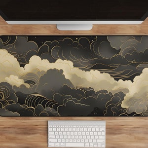 Celestial Cloudscape Desk Mat - Astrology-Themed Mouse Pad, Black & Gold, Stormy Nighttime Design, Opulent Office Decor