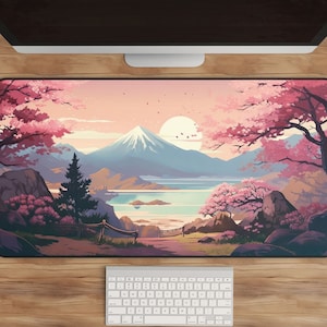 Japanese Desk Mat: Cherry Blossom Anime Art, Ukiyo-e Inspired Gaming Mouse Pad, Kawaii Office Decor