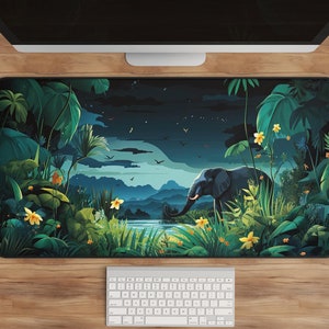 Tropical Jungle Desk Mat | Nature Inspired | Keyboard Mat | Large Mouse Pad | Elephant Design Mousepad