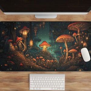 Desk Mat, Dark Cottagecore Mushroom Forest, Extended Gaming Mousepad, Witchy Fantasy