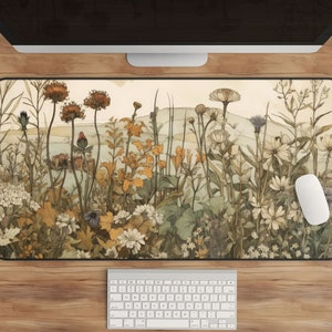 Cottagecore Desk Mat, Floral Nature Mousepad, Vintage Aesthetic, Cute Gaming Deskpad, Wildflower Botanical, Pastel Muted Colors Keyboard Mat