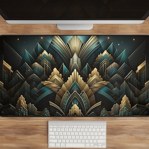 Art Deco Desk Mat, Abstract Gold & Dark Blue Design, Extended Mouse Pad, Unique Desk Accessories, Home Office Decor, Artistic Gift