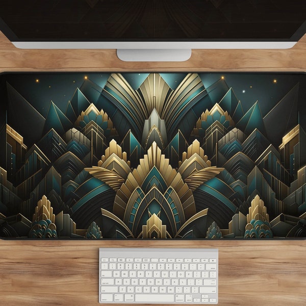 Art Deco Desk Mat, Abstract Gold & Dark Blue Design, Extended Mouse Pad, Unique Desk Accessories, Home Office Decor, Artistic Gift