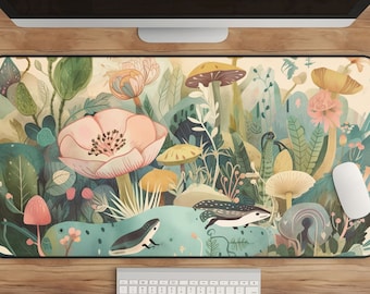 Cottagecore Desk Mat: Frog & Mushroom Woodland Decor, XL Gaming Pad