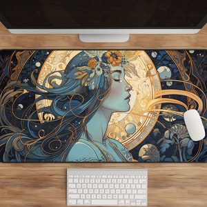Celestial Witchy Desk Mat, Gaming Mouse Pad, Moon Phases, Astrology, Aesthetic, Dark Academia, XL, Gold & Blue Art Nouveau Girl, Lotus Crown