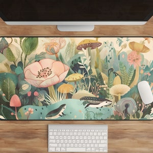 Cottagecore Desk Mat, Cute Frog Mousepad, XL Gaming Pad, Light Academia, Floral Woodland Decor, Mushroom Gift, Adorable Mushroom Desk Mat