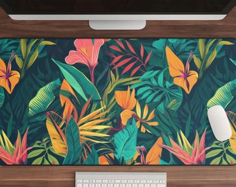 Tropical Desk Mat: Green & Pink Floral Extended Mouse Pad