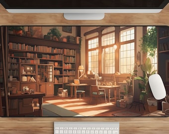 Desk Mat: Lofi Anime Library Scene (XL Size, Rubber Base)