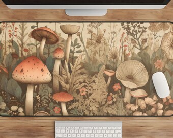Cottagecore Mushroom Desk Mat: Vintage Floral Gaming Mousepad