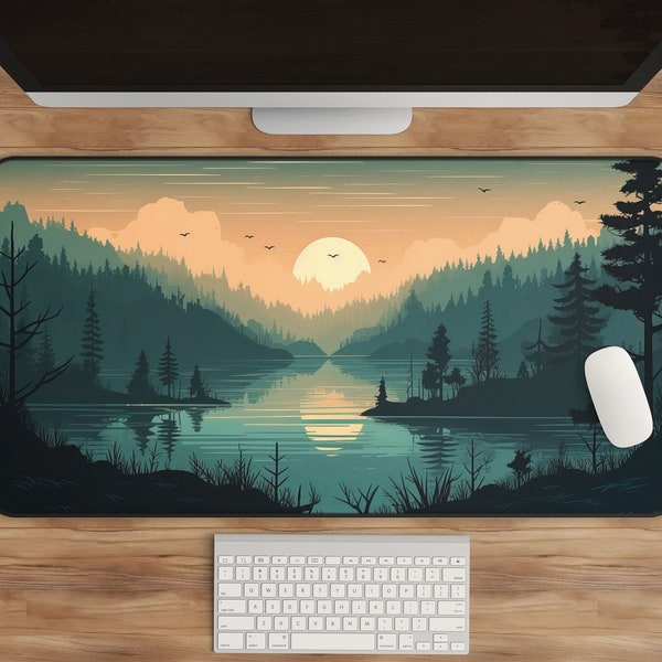 Sunset Lake Desk Mat, Forest and Mountain Scene (Large Gaming Mousepad)