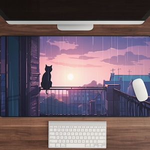 Kawaii Schreibtischmatte XXL - Anime Katze Mauspad, Steampunk Gaming Schreibtischmatte, Regentag Stadtästhetik, Lofi XL Computer Tastaturmatte