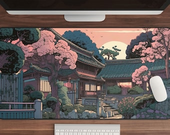 Desk Mat: Japanese Village Scene in Pink (Large Gaming Mouse Pad)