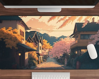Beautiful Lo-Fi Anime Mousepad with Sakura Cherry Blossoms in Rural Japan. Sunset Mountain Art Extra Large Keyboard Deskmat with Mountains